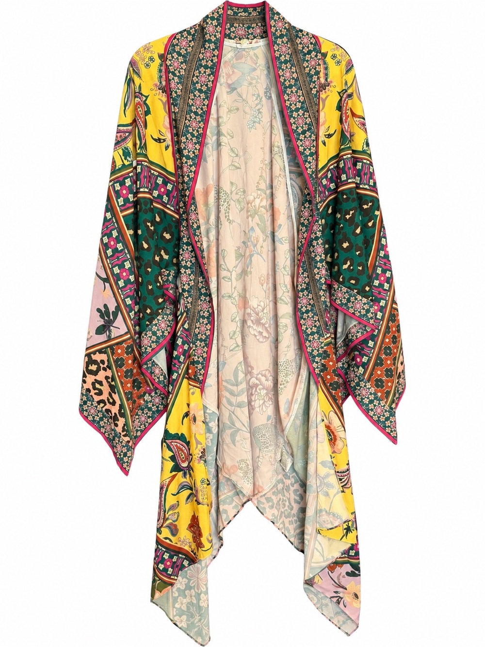 Umgee Boho Yellow Multi Floral Paisley Patchwork Tiger Kimono 1XL/2XL